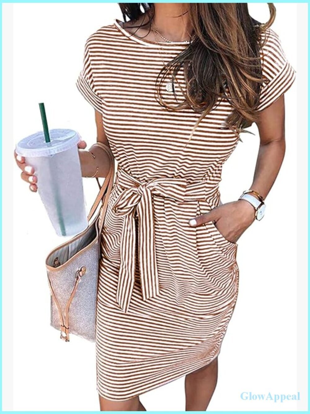 Striped Tie Waist Sheath Dress with Pockets Midi Length